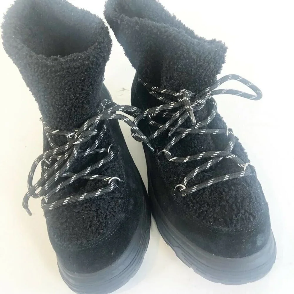 BP Summit Faux Fur Shearling Ankle Snow Boots Womens‎ 11 M Black Lace Up Chunky